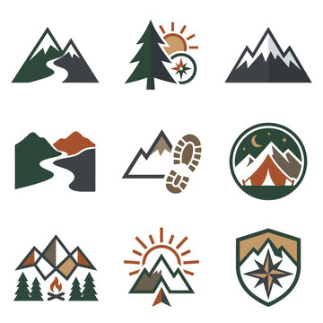A compilation of mountain-themed logo designs, featuring evergreen trees, suns, and compasses in a cohesive color palette, is presented on a white canvas.
