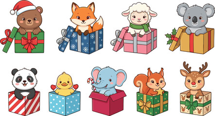 Obraz premium Cute Kawaii Animals inside Christmas Gift Boxes Vector Illustration Set Featuring Winter Holiday Bear Fox Elephant Koala and Reindeer Character Graphics