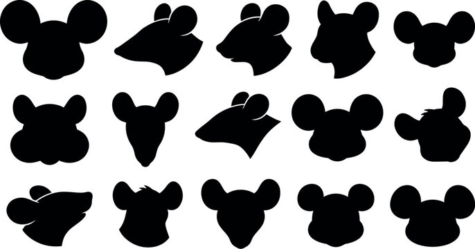 Mouse head silhouette collection icon set vector animal faces elements isolated on white background cute rodent cartoon shapes