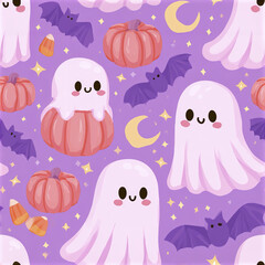 Fototapeta premium Cute pastel Halloween pattern with baby ghosts, pumpkins, bats, crescent moon, and candy corn on purple background