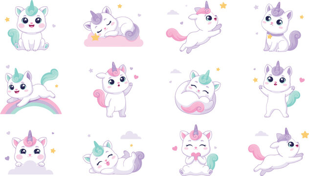 Cute Cartoon Caticorn Character Set with Magical Unicorn Cats in Various Poses Rainbows and Stars for Kids Design Elements Vector