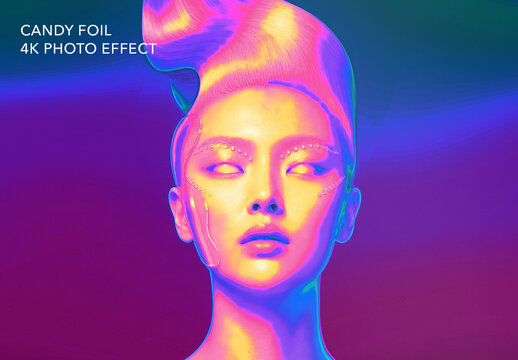 Candy Foil Photo Effect Template - Y2K Holographic Pink Violet Gold Chrome Portrait Filter