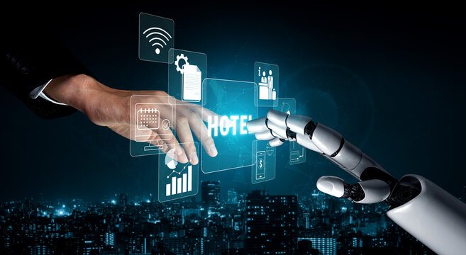Hand of a Human Reaching Out to Connect with a Robotic Hand Amidst Digital Interface Over a Cityscape at Night Showcasing Advanced Technology and Innovation Quark.