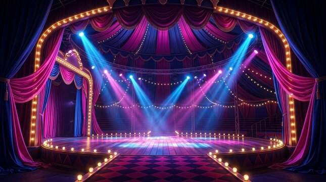 A colorful circus stage featuring bright lights and elegant drapes at night.
