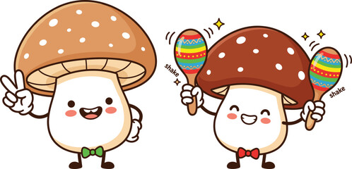 Naklejka premium Cute Musical Mushroom Mascot Vector Set Featuring Cheerful Bow Tie Toadstool Making a Peace Sign and Happy Shaking Maracas Character for Fiesta Festive Designs