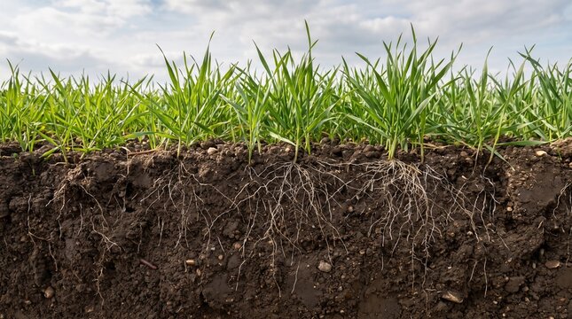 Grass seedling roots and soil layer agricultural photo