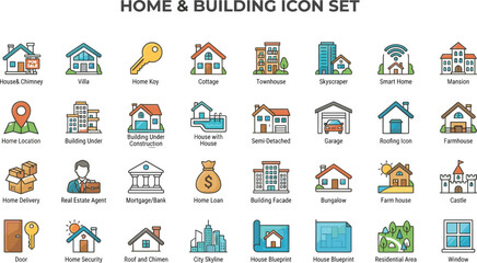 Naklejka premium Real Estate and Property Line Icon Set with Modern House Types Commercial Buildings Mortgages Home Loans and Neighborhood Infrastructure Vector Elements
