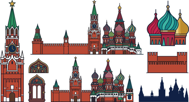 Russian Landmark Collection Featuring Saint Basil's Cathedral, Kremlin Towers, Kremlin Wall, Onion Domes, and Moscow Architecture Vector Illustrations