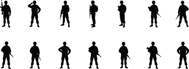 Fototapeta premium Silhouettes of soldiers in various poses holding rifles on a white background military army