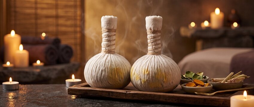 Warm steam rising from herbal Thai massage balls in spa setting with candles, promoting relaxation and wellness