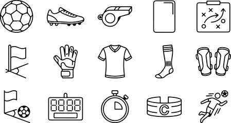 Fototapeta premium Set of soccer icons including football ball, cleats, whistle, referee card, tactics board, goalkeeper gloves, jersey, socks, shin guards, scoreboard, and player