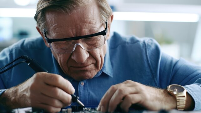 Elderly man works on circuit board in workshop during daytime