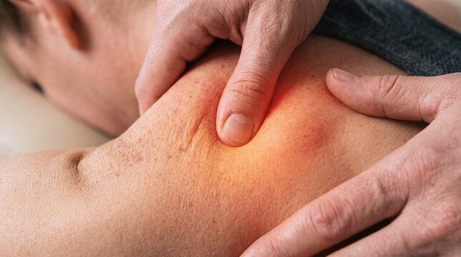 Close-Up of Therapist Thumb Pressing Trigger Point on Painful Shoulder Muscle