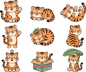 Obraz premium Cute Kawaii Baby Tiger Vector Illustration Set Featuring Playful Cartoon Wildlife Characters Waving Sleeping in Boxes and Holding Green Tropical Leaves