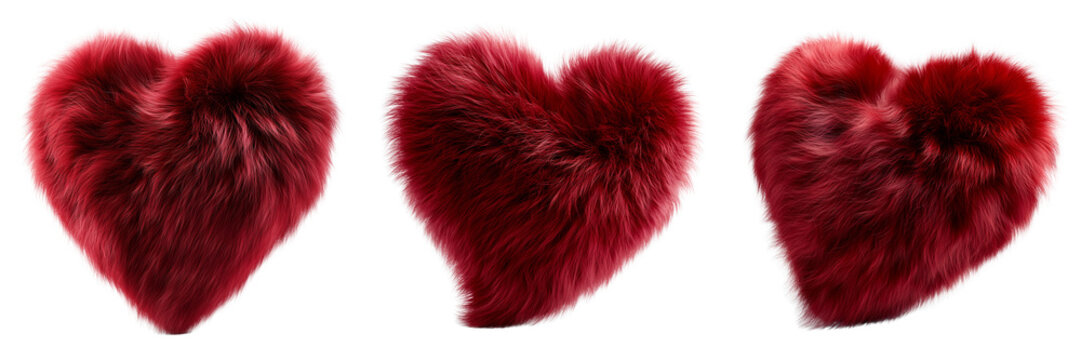  Set of A beautiful bright red heart cushion covered in ultra soft faux fur on transparent png background. Ai generated