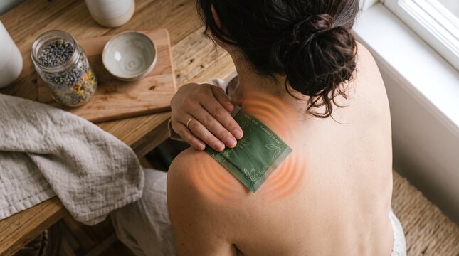 Top-Down Angle of Woman Applying Green Herbal Plaster on Upper Shoulder and Neck