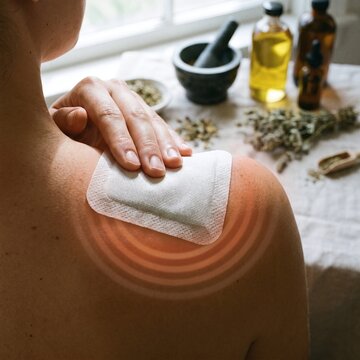 Woman Applying Herbal Pain Relief Patch on Bare Shoulder with Warm Heat Wave Effect