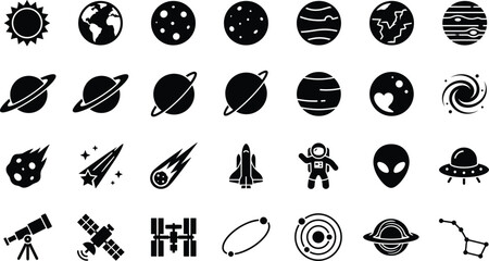 Space exploration and astronomy glyph icons set featuring planets, astronaut, rocket, telescope, satellite, comet, galaxy and constellation vector silhouettes © Md Rubel