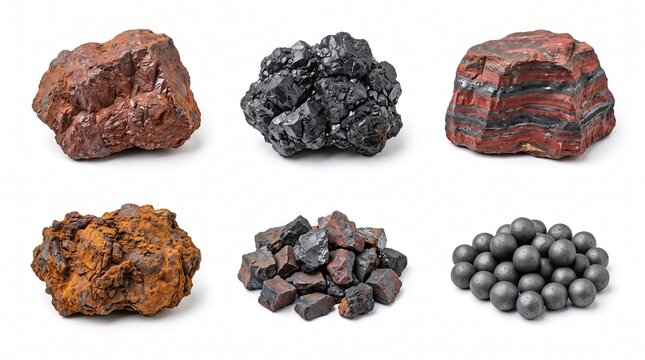 A realistic collection of iron ore materials featuring hematite, magnetite, banded iron formation, oxidized ore, crushed fragments, iron ore concentrate, and pellets. Isolated on a clean white backgro