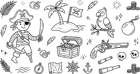 Minimalist Pirate Adventure Line Art Element Set with Cute Cartoon Boy Pirate Treasure Chest Parrot Island and Map Icons on White Background,