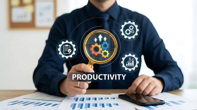 Businessman analyzing productivity workflow and corporate efficiency growth