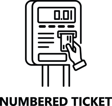 Numbered ticket dispenser machine line icon vector showing hand inserting card into queue management terminal display terminal screen system interface