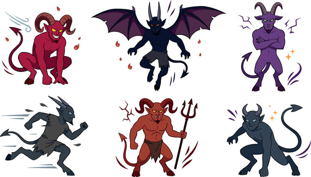 Fantasy Devil and Demon Character Vector Set with Horned Imp Monsters Posing Running and Holding Pitchfork for RPG Game UI Designs