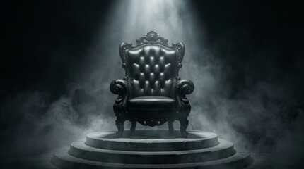 Fototapeta premium Ornate black throne positioned on a circular pedestal surrounded by eerie mist.