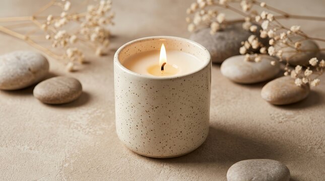 Cozy scene featuring a lit vanilla candle with stones and dried flowers for home comfort.