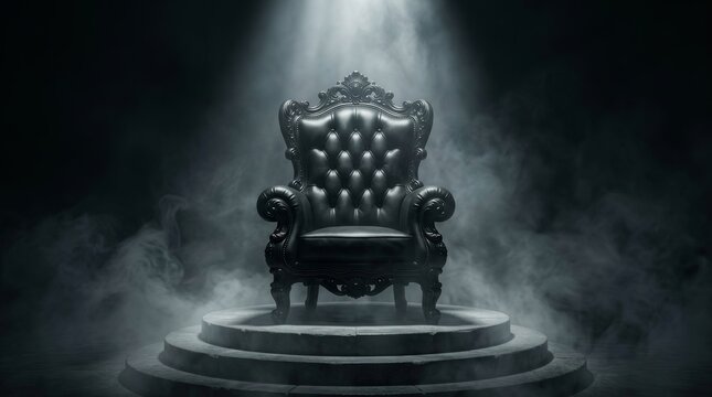 Ornate black throne positioned on a circular pedestal surrounded by eerie mist.