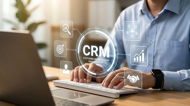Businessman using CRM customer relationship management software interface on laptop