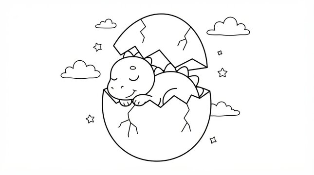 Cute little baby dinosaur sleeping inside a cracked egg line drawing