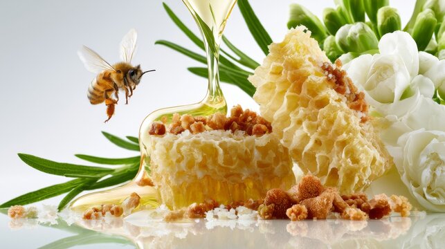 Close-Up of Honeycomb with Honey Dripping, Bee Flying, Natural Ingredients, Floral Background, Organic Sweet Treat, Healthy Lifestyle Concept