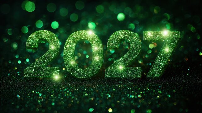 Bright green glitter numbers for the year 2027 on a shiny background