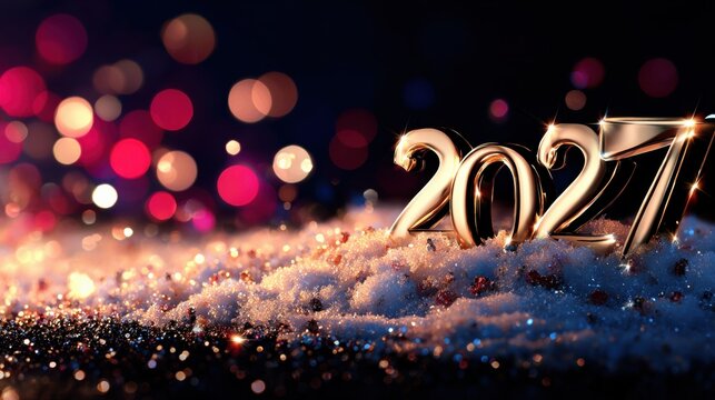 New year celebration with 2027 sign surrounded by lights and snow