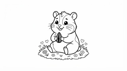 Fototapeta premium Cute hamster eating a sunflower seed on a small grassy patch outline drawing