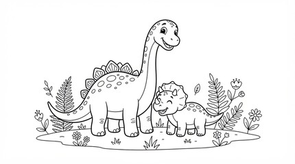 Fototapeta premium Cute cartoon dinosaur family standing in a garden for coloring page
