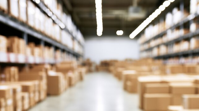 View of a warehouse with boxes lined up on shelves and the floor in a large storage area during the day
