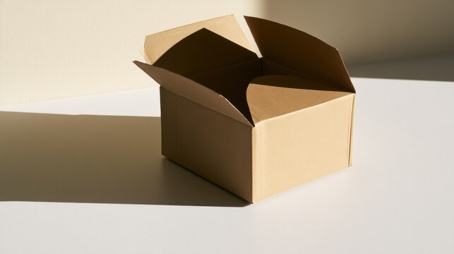 A brown cardboard box sits on a white surface with sunlight casting a shadow in a room during the day