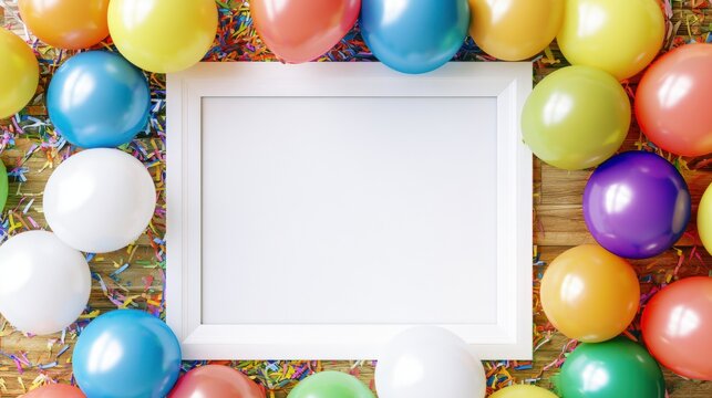 Colorful balloons surround a blank frame for a party celebration in a festive setting