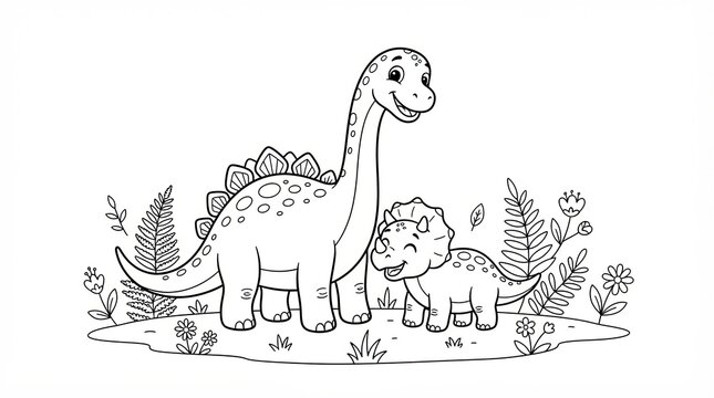 Cute cartoon dinosaur family standing in a garden for coloring page