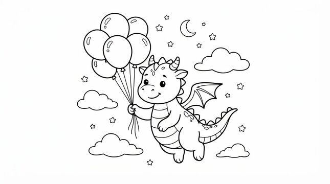 Cute little dragon flying with many balloons in the night sky drawing