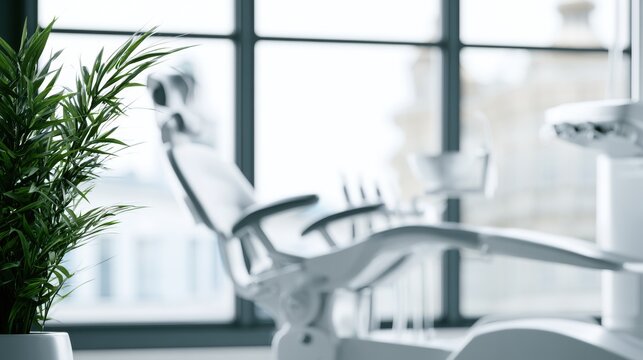 Dental clinic interior with chair and windows in city setting