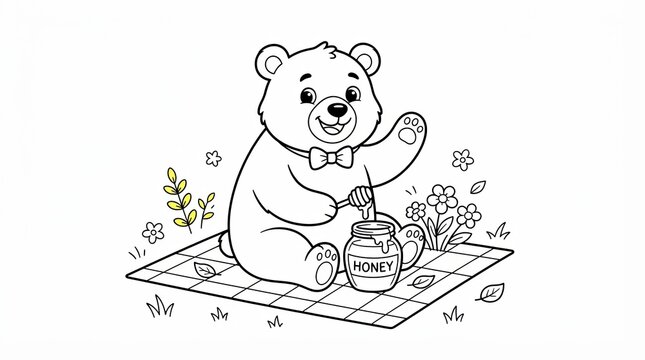 Cute cartoon bear with honey jar sitting on a picnic blanket line art