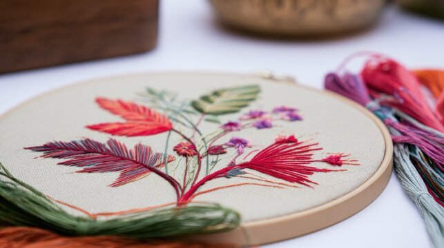 Colorful embroidery of flowers and leaves on a fabric hoop with threads nearby