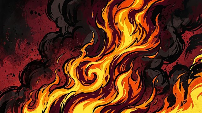 Abstract comic style illustration featuring fantastic fire flames with a smoke background.