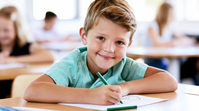 Young boy draws with a green marker in a classroom filled with other students during school hours