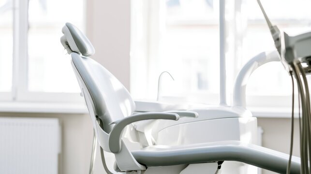 Dental chair in a bright clinic during a sunny day