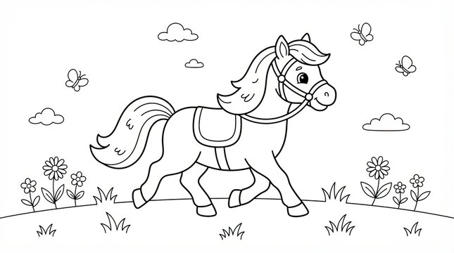 Cute cartoon horse walking in a flower meadow for coloring page