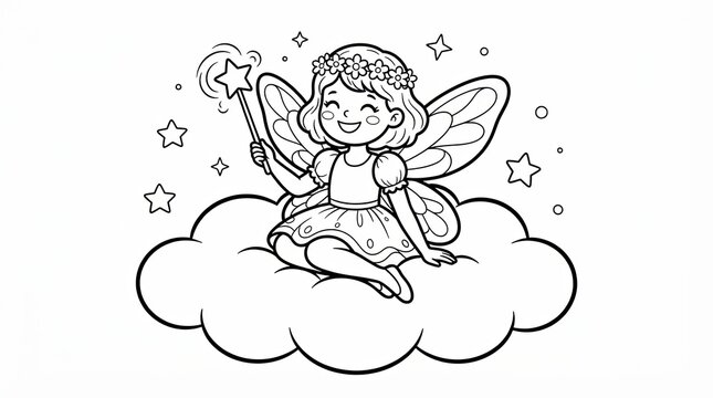 Cute little fairy girl sitting on a cloud holding a magic wand